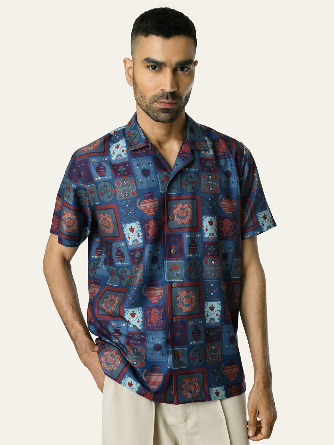 Blue Printed Rayon Shirt