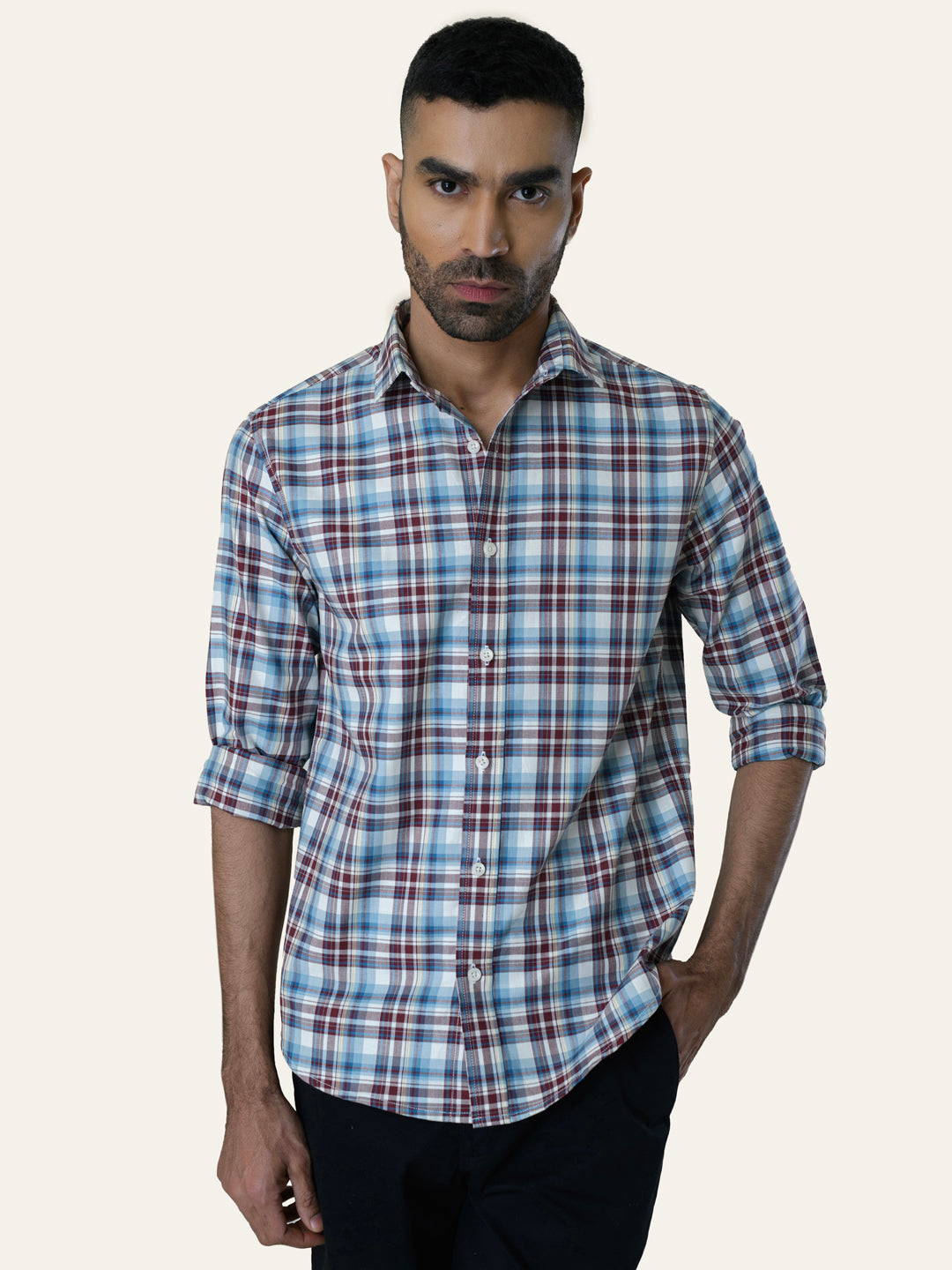 Blue & Red Cotton Checked Shirt