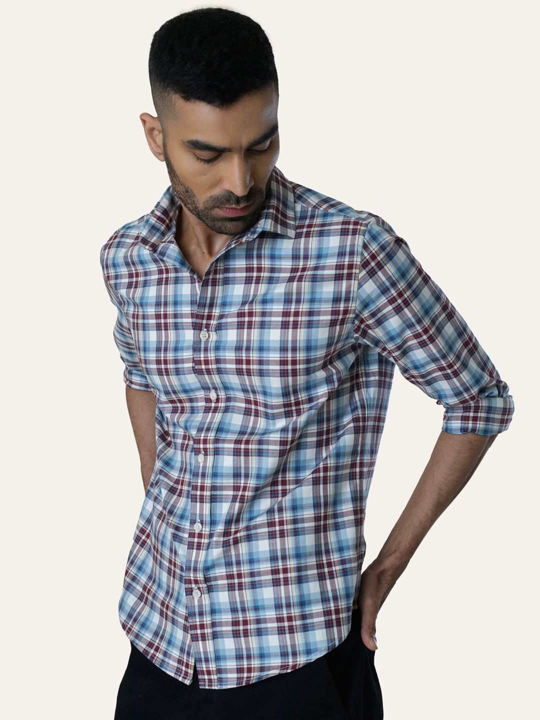 Blue & Red Cotton Checked Shirt