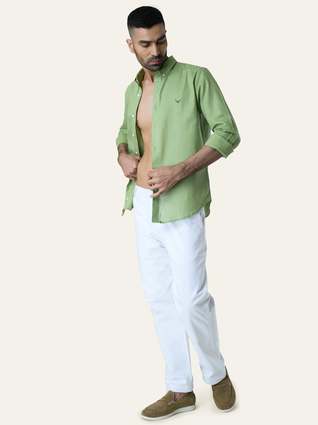 Parrot Green Solid Slim Fit Linen Cotton Shirt