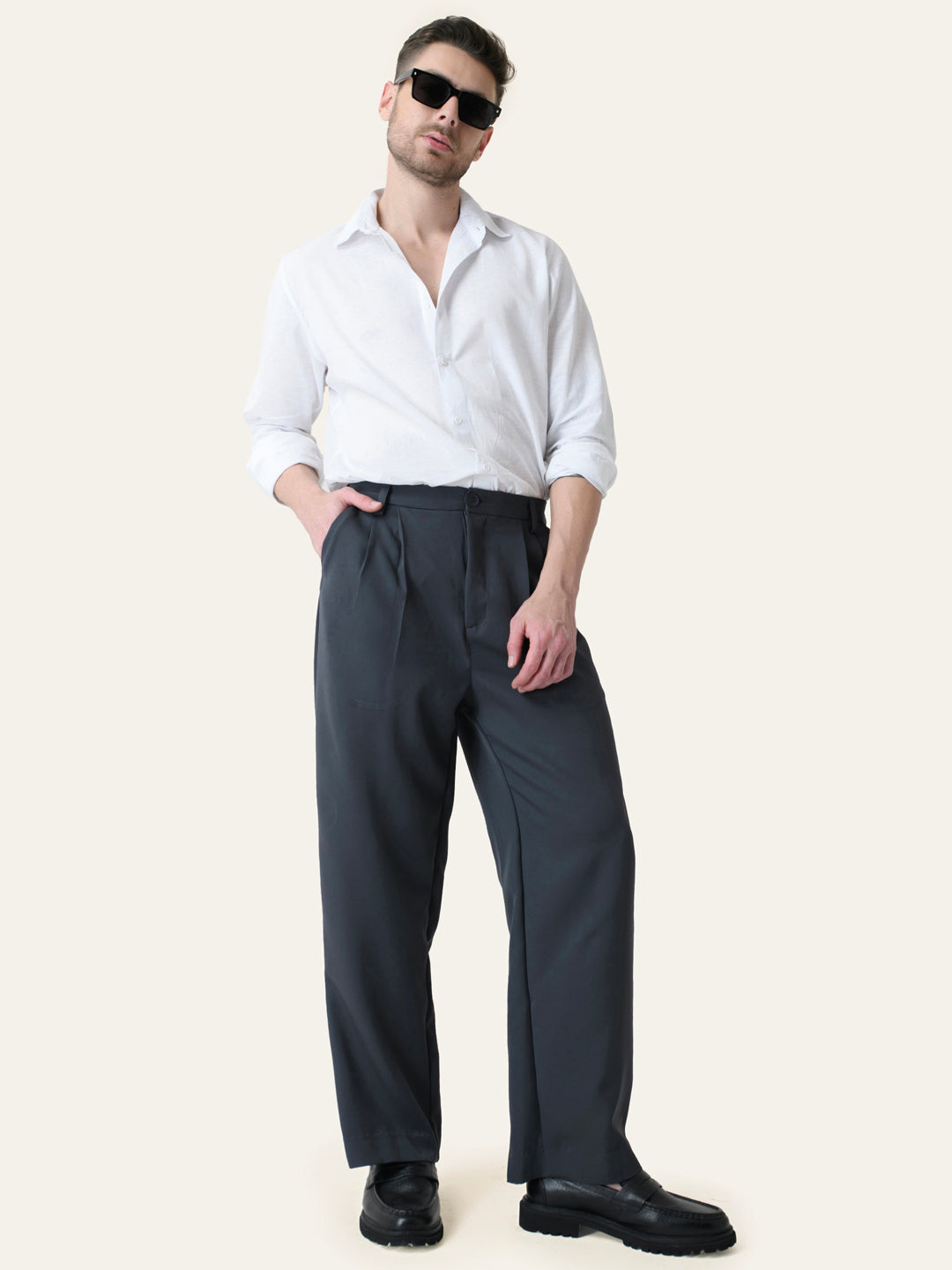 Dark Grey Solid Pleated Korean Pants