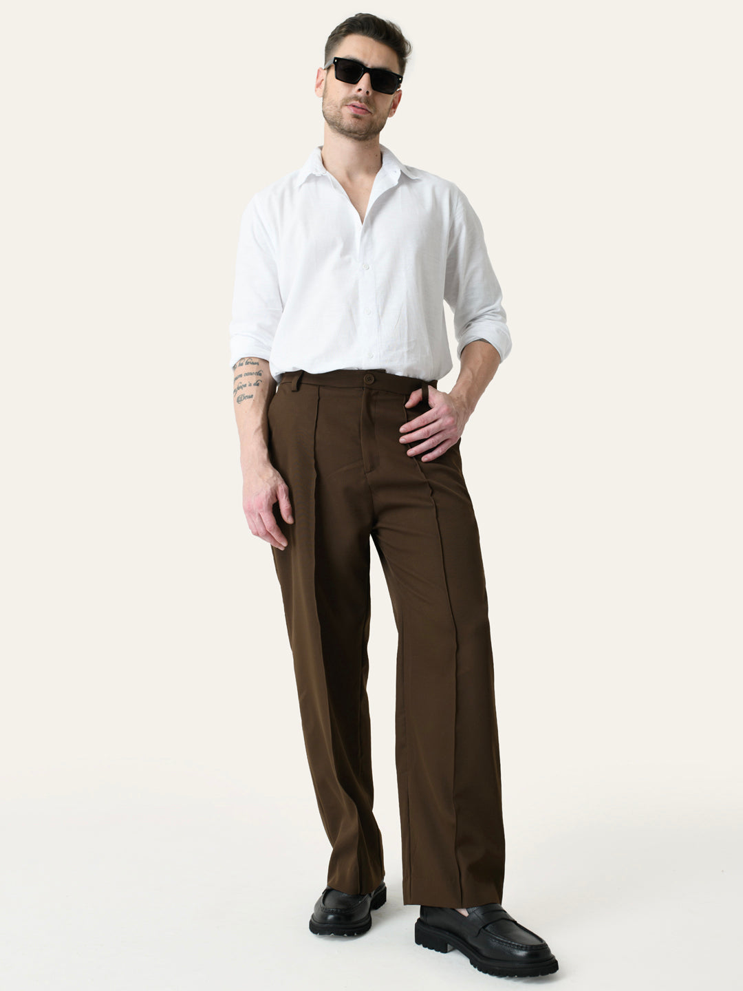 Brown Solid Pintuck Korean Pants