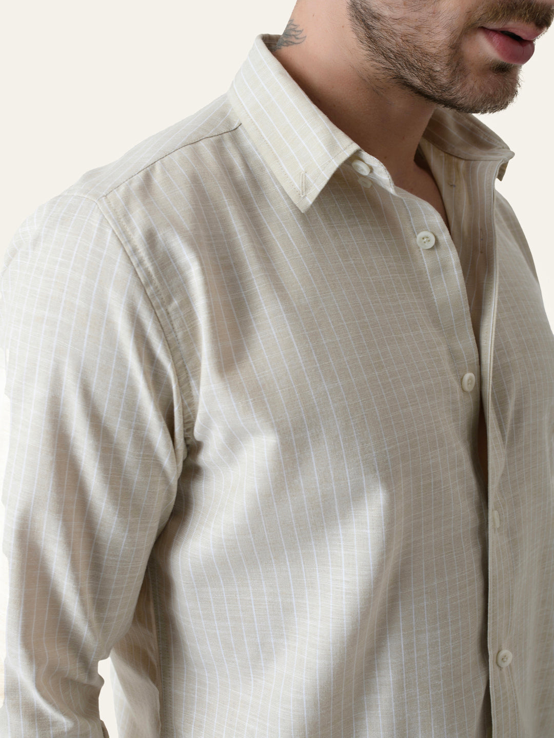 Beige Striped Slim Fit Linen Cotton Shirt