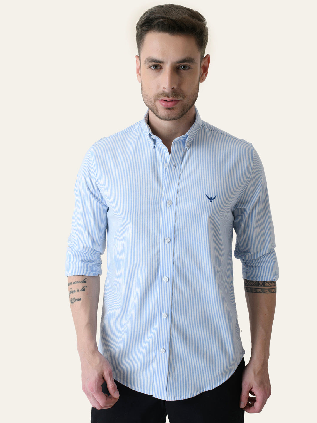 Sky Blue Striped Slim Fit Cotton Shirt