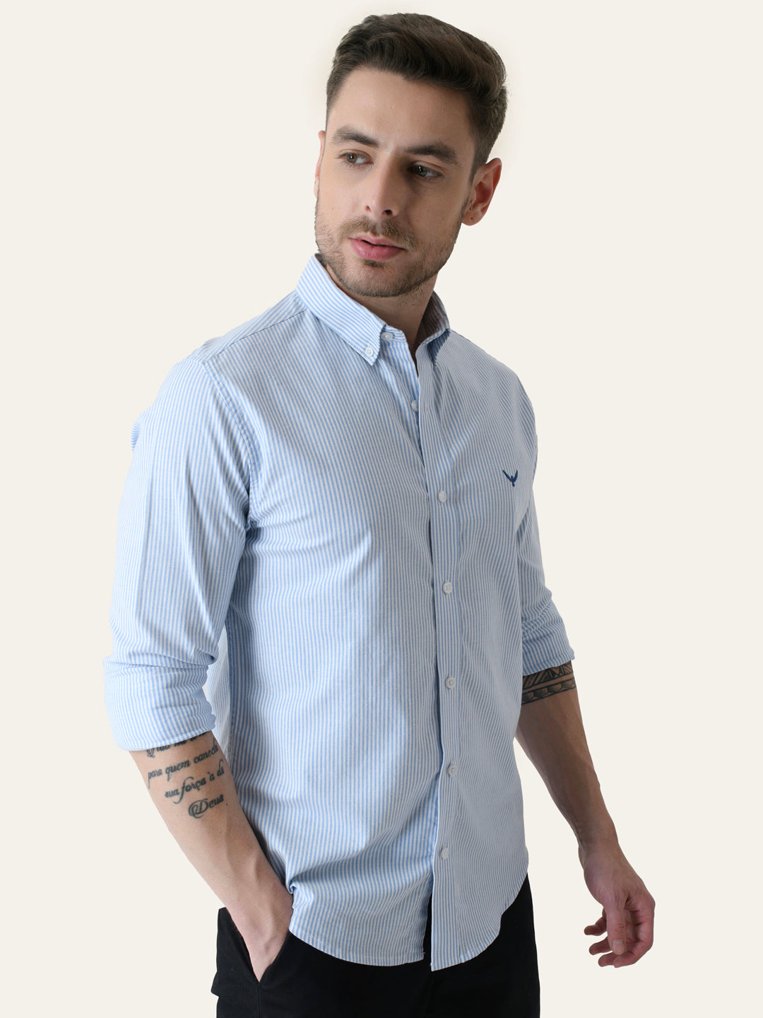 Sky Blue Striped Slim Fit Cotton Shirt