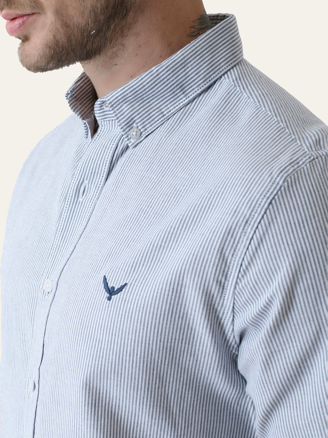 Navy Blue Striped Slim Fit Cotton Shirt