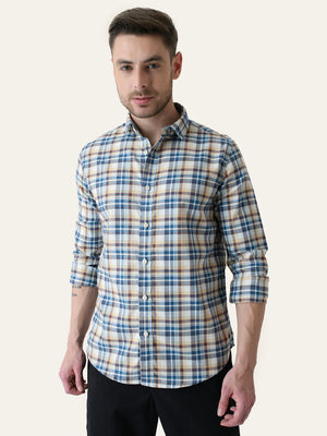 Beige & Blue Cotton Checked Shirt