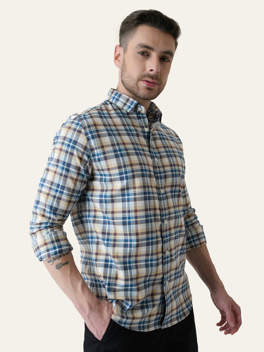 Beige & Blue Cotton Checked Shirt