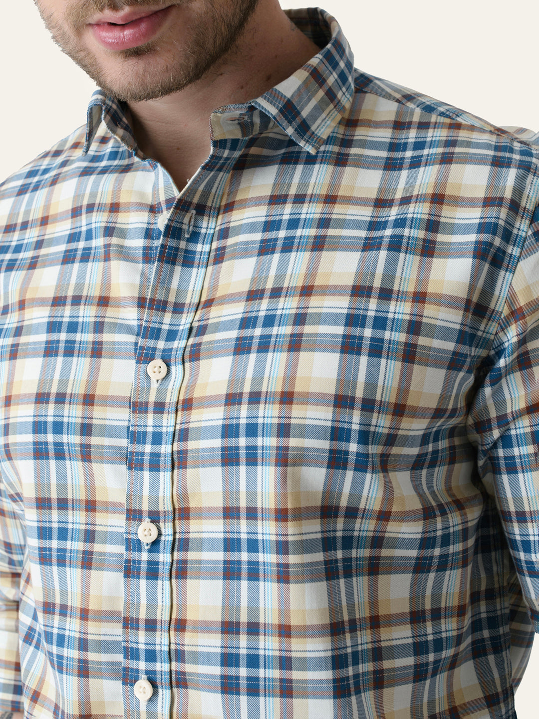 Beige & Blue Cotton Checked Shirt