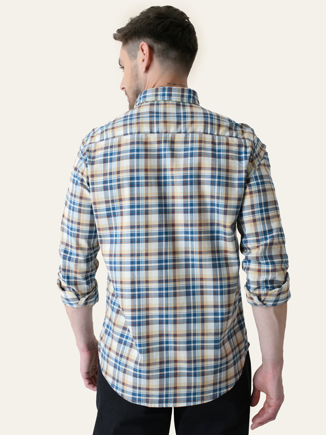 Beige & Blue Cotton Checked Shirt