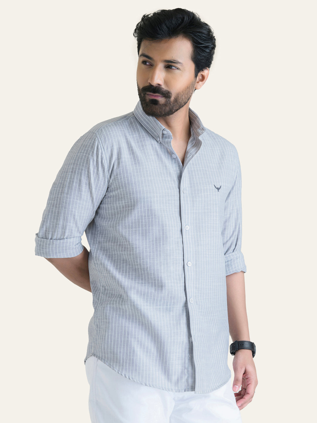 Grey Striped Linen Cotton Shirt