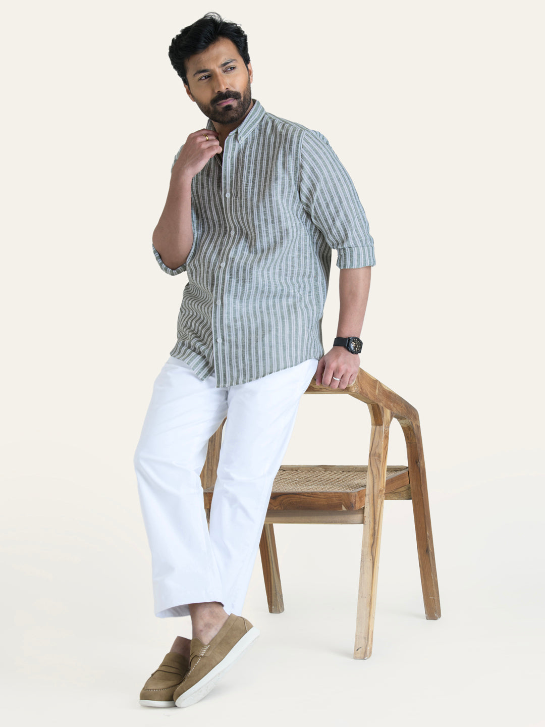 Green Striped Slim Fit Linen Cotton Shirt