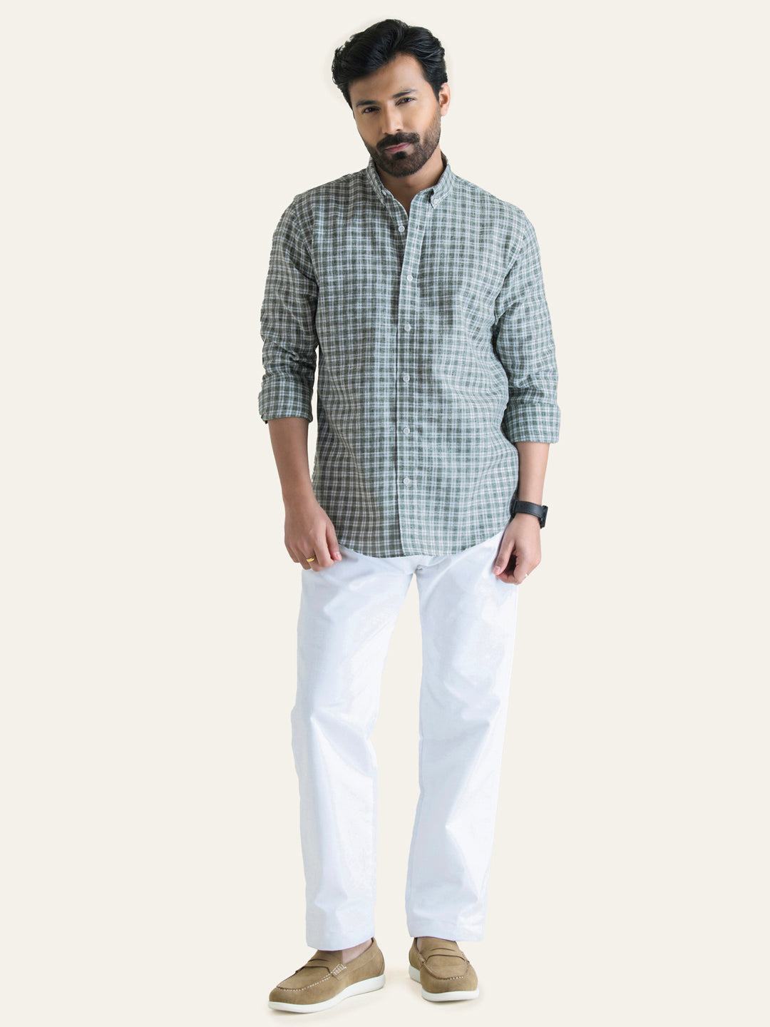 Green Checked Slim Fit Linen Cotton Shirt