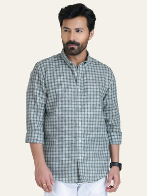 Green Checked Slim Fit Linen Cotton Shirt