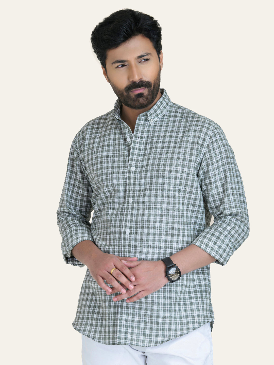 Green Checked Slim Fit Linen Cotton Shirt