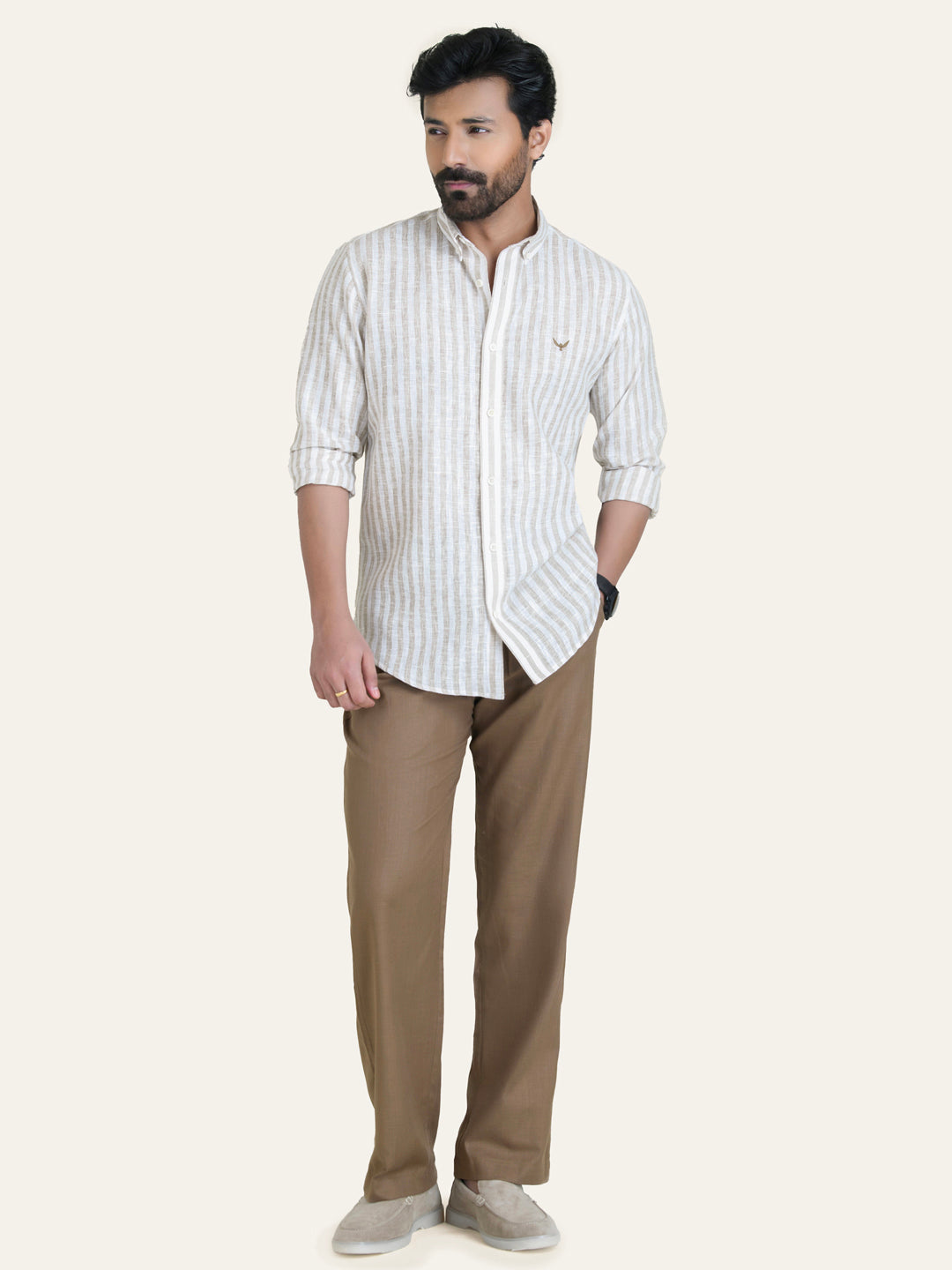 Beige Striped Slim Fit Linen Cotton Shirt