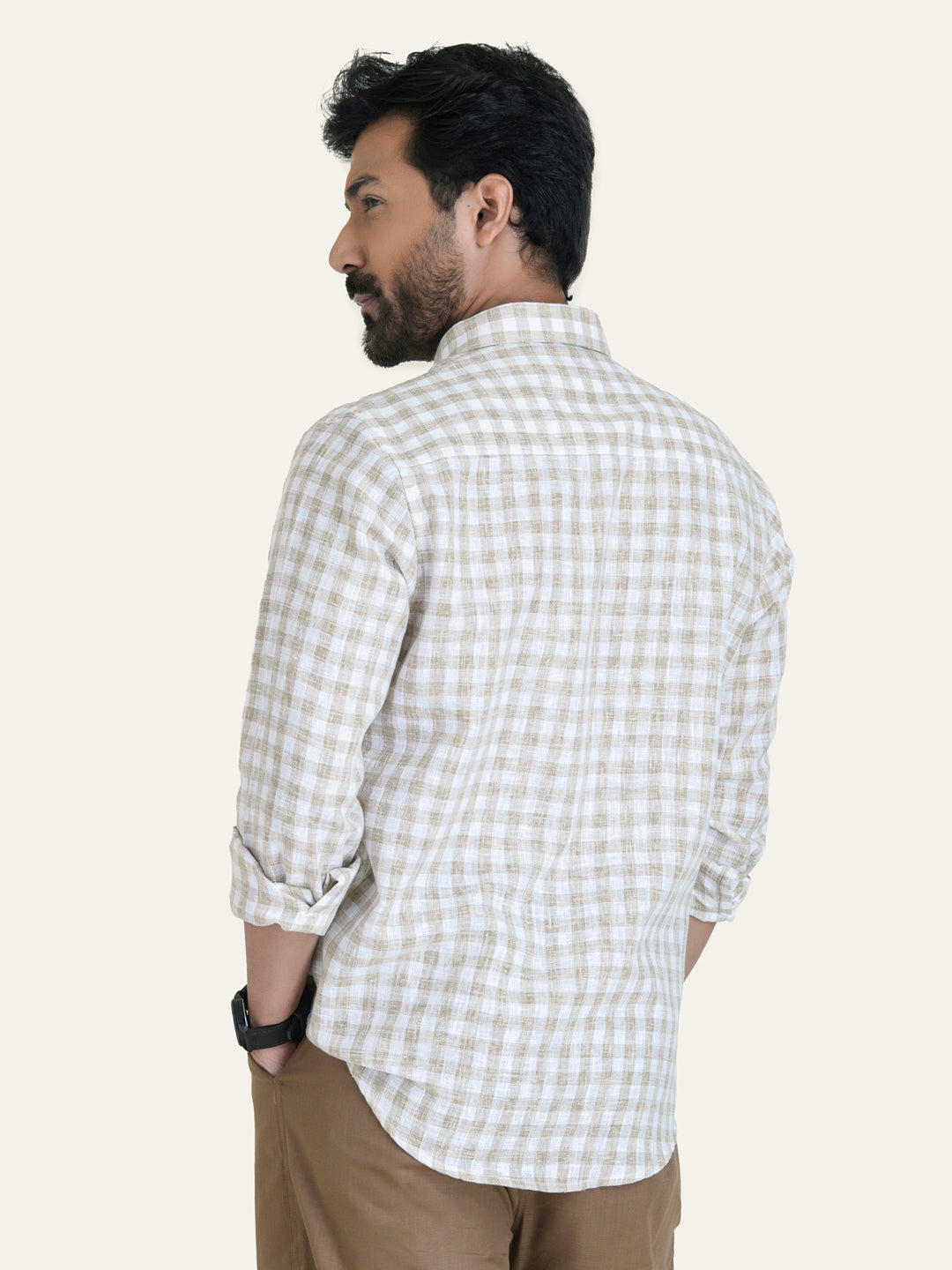 Beige Checked Slim Fit Linen Cotton Shirt