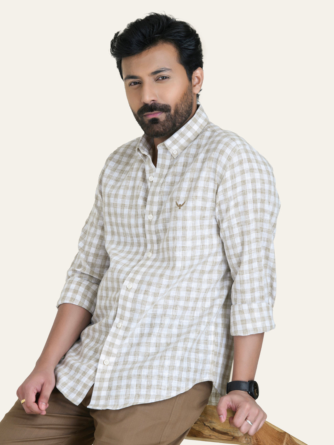 Beige Checked Slim Fit Linen Cotton Shirt