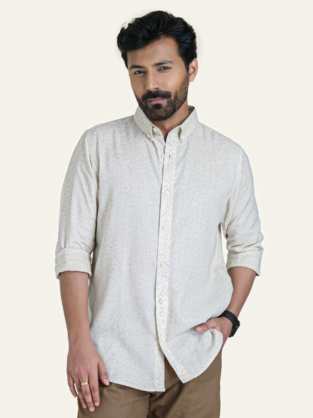 Beige Color Abstract Print Linen Cotton Shirt