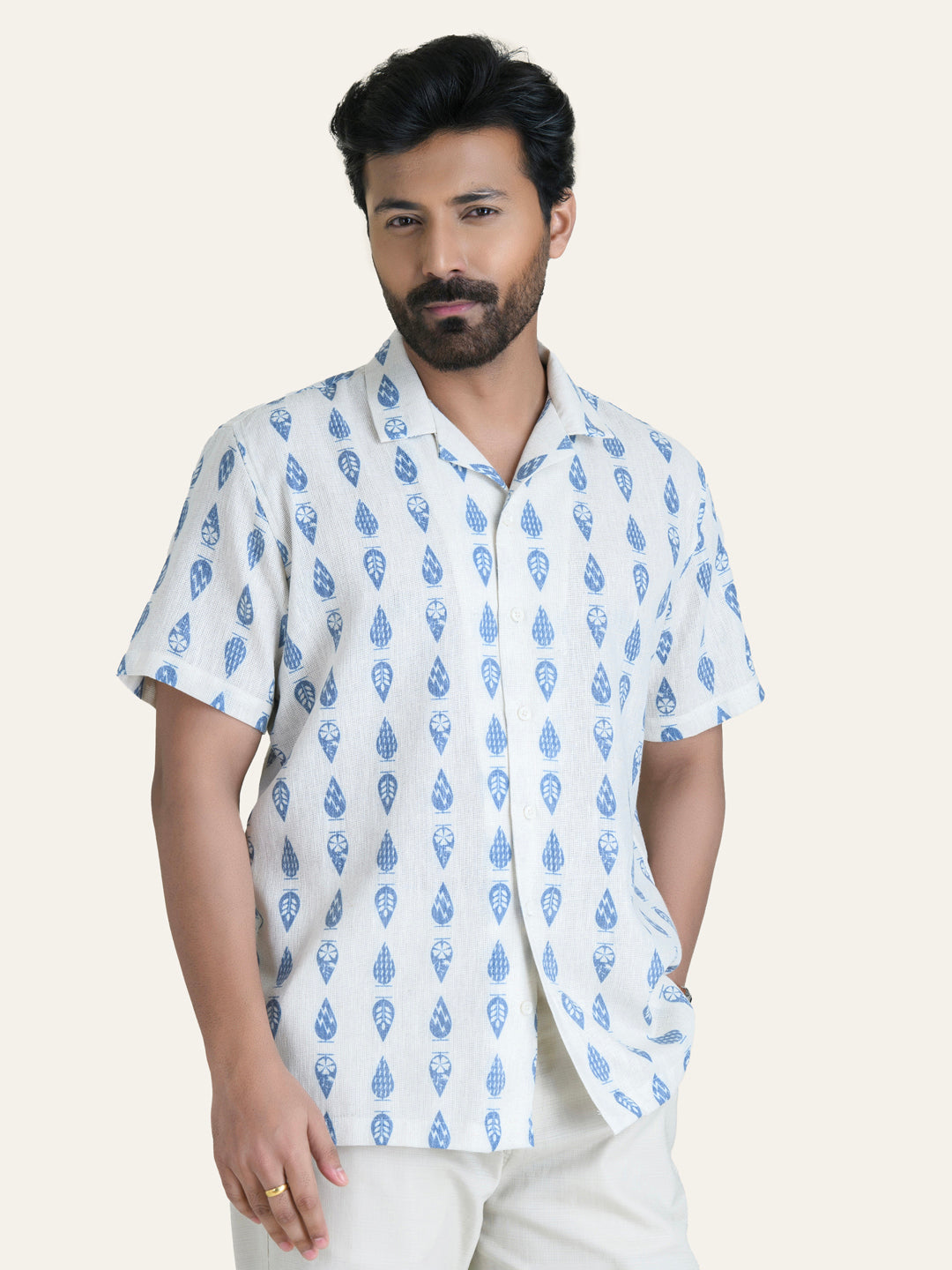 Cream Printed Linen Shirt