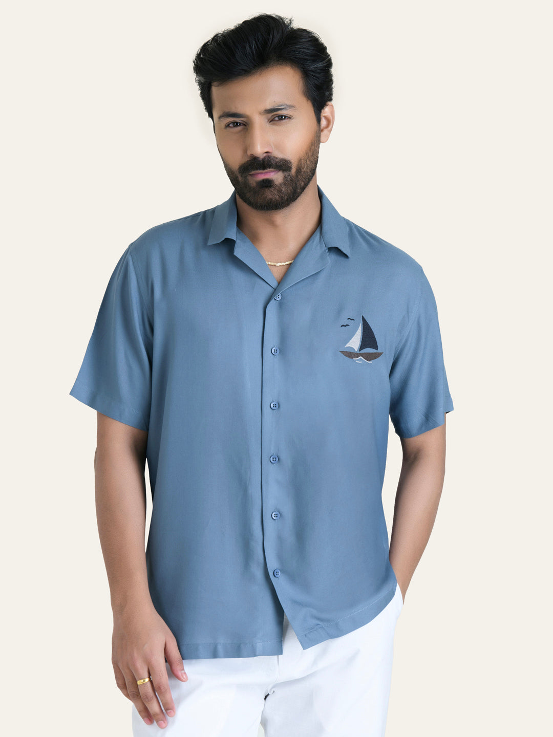 Blue Embroidery Rayon Shirt
