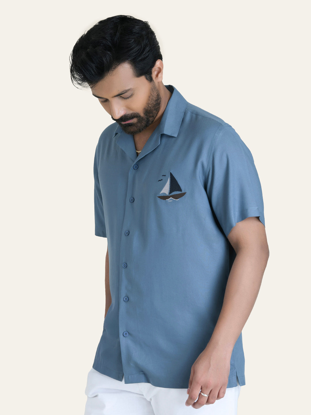 Blue Embroidery Rayon Shirt