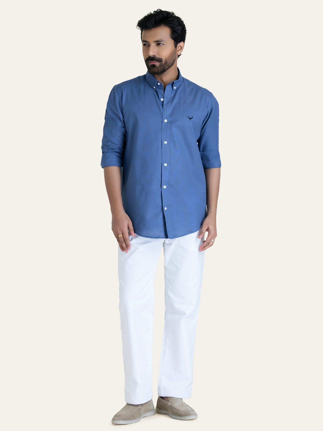 Royal Blue Solid Slim Fit Linen Cotton Shirt