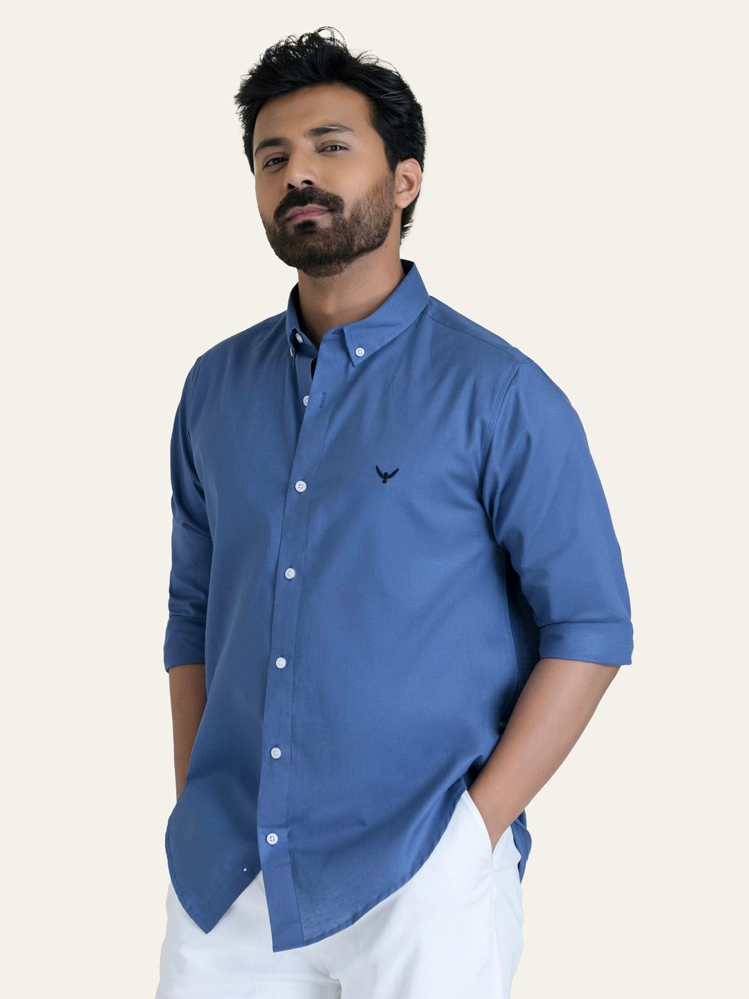 Royal Blue Solid Slim Fit Linen Cotton Shirt