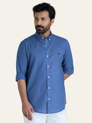 Royal Blue Solid Slim Fit Linen Cotton Shirt
