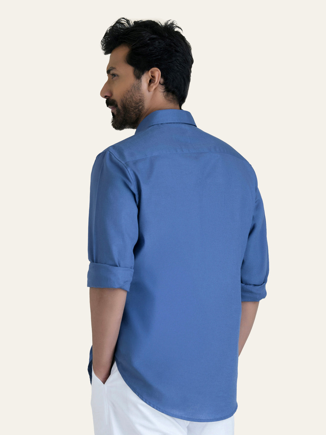 Royal Blue Solid Slim Fit Linen Cotton Shirt