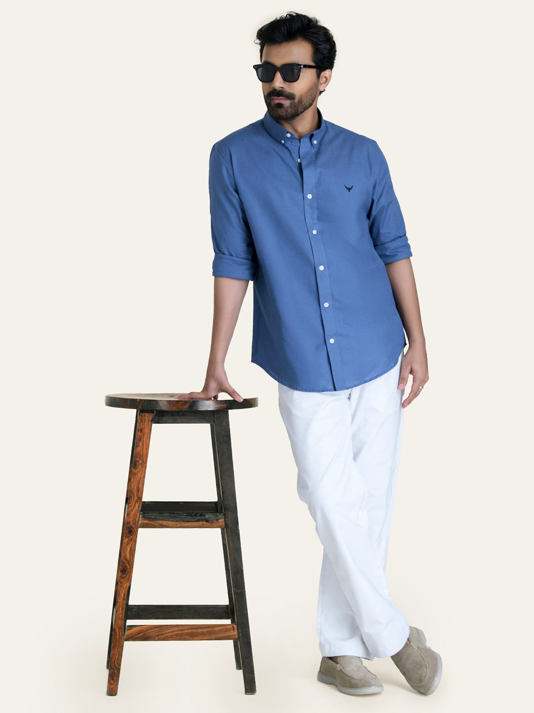 Royal Blue Solid Slim Fit Linen Cotton Shirt