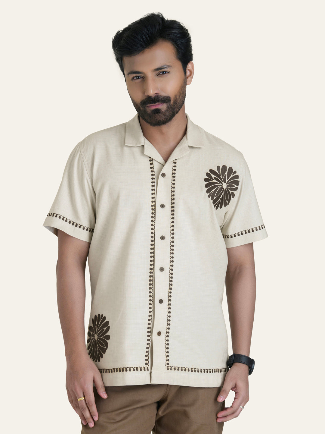 Beige Embroidery Linen Shirt