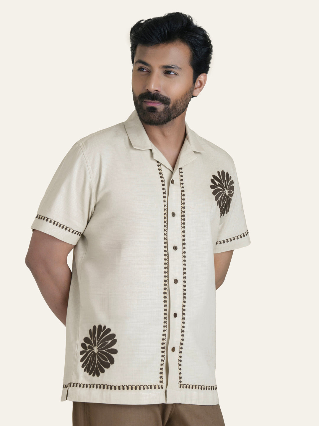 Beige Embroidery Linen Shirt