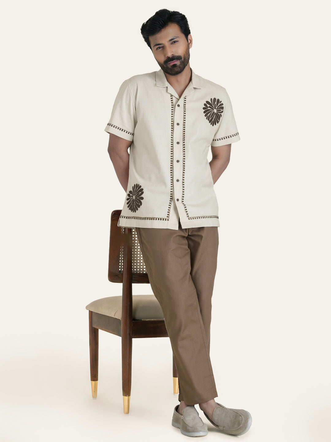 Beige Embroidery Linen Shirt