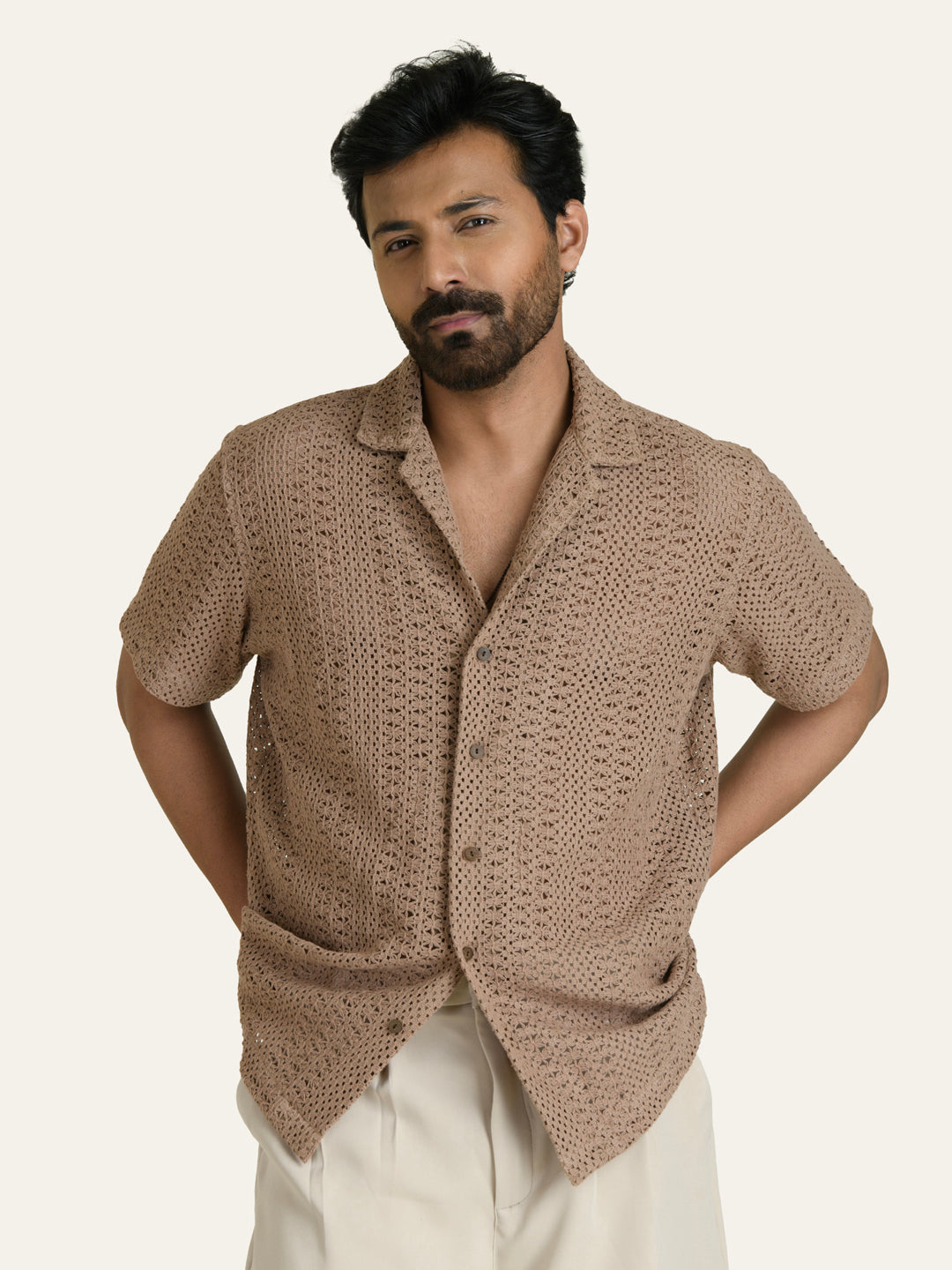 Brown Solid Crochet Shirt