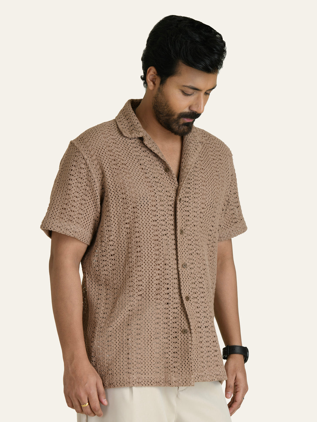 Brown Solid Crochet Shirt