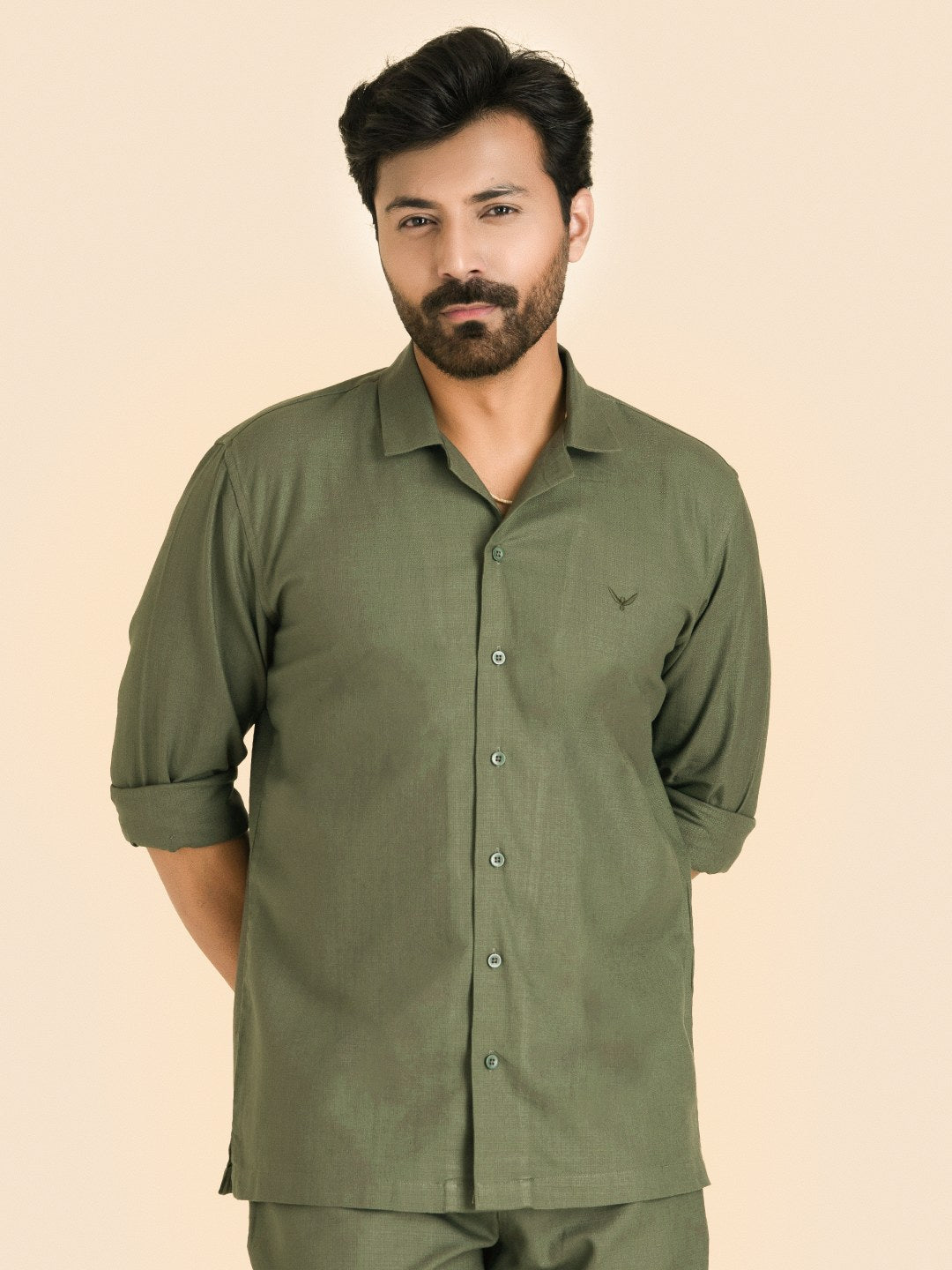 Olive Green Solid Linen Cotton Shirt