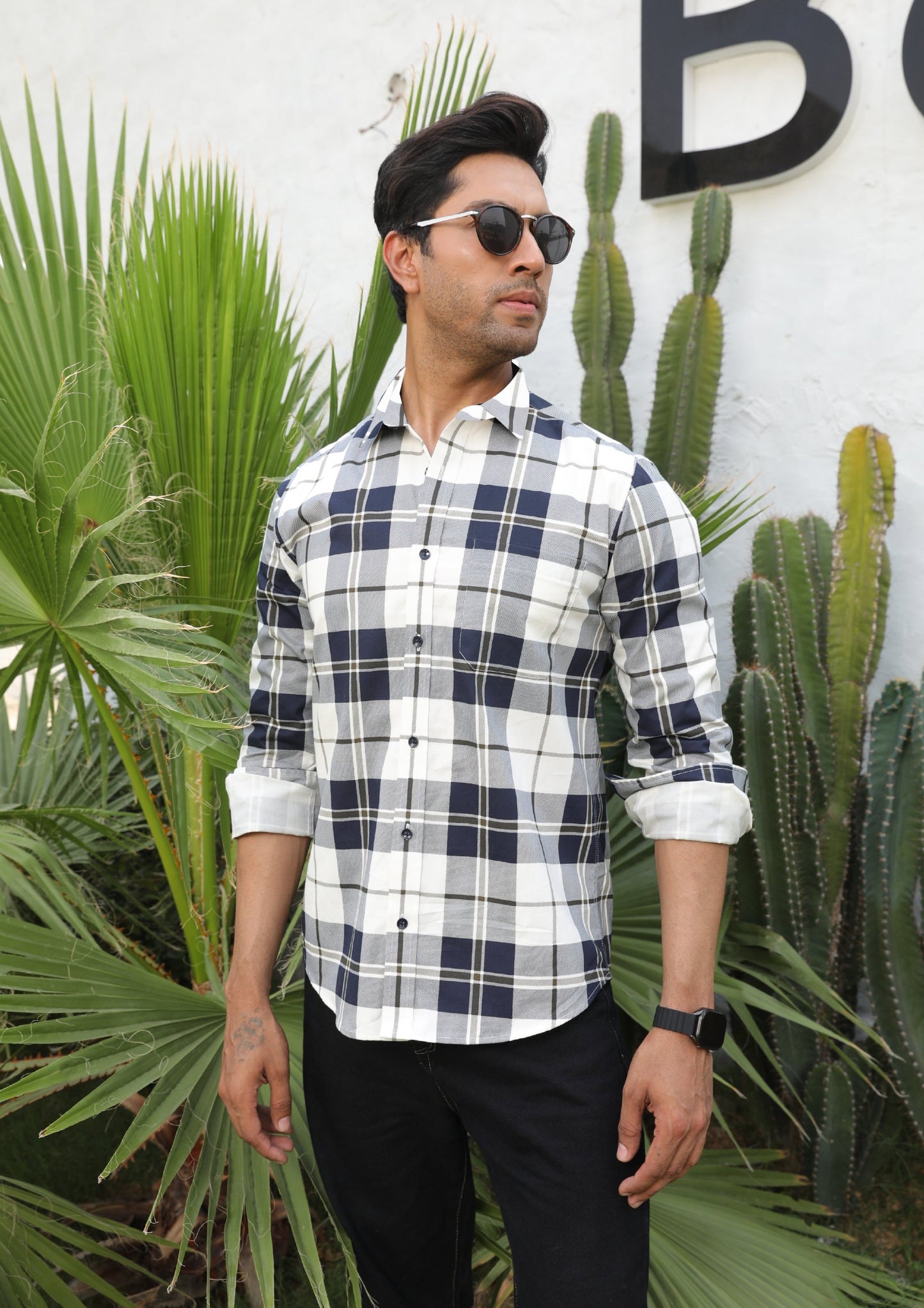 Navy Blue Checks Cotton Shirt