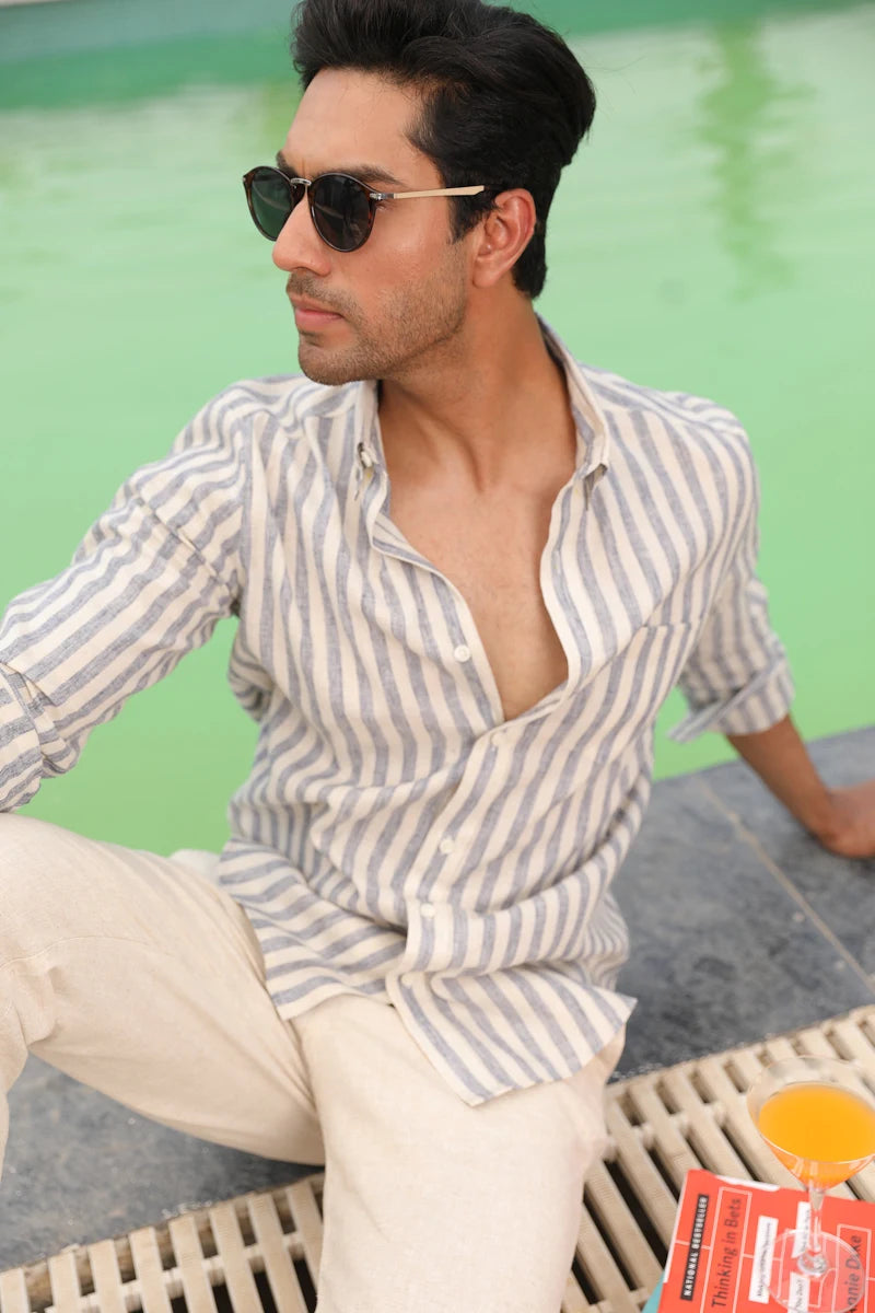 Ocean Blue Stripes Linen Cotton Shirt