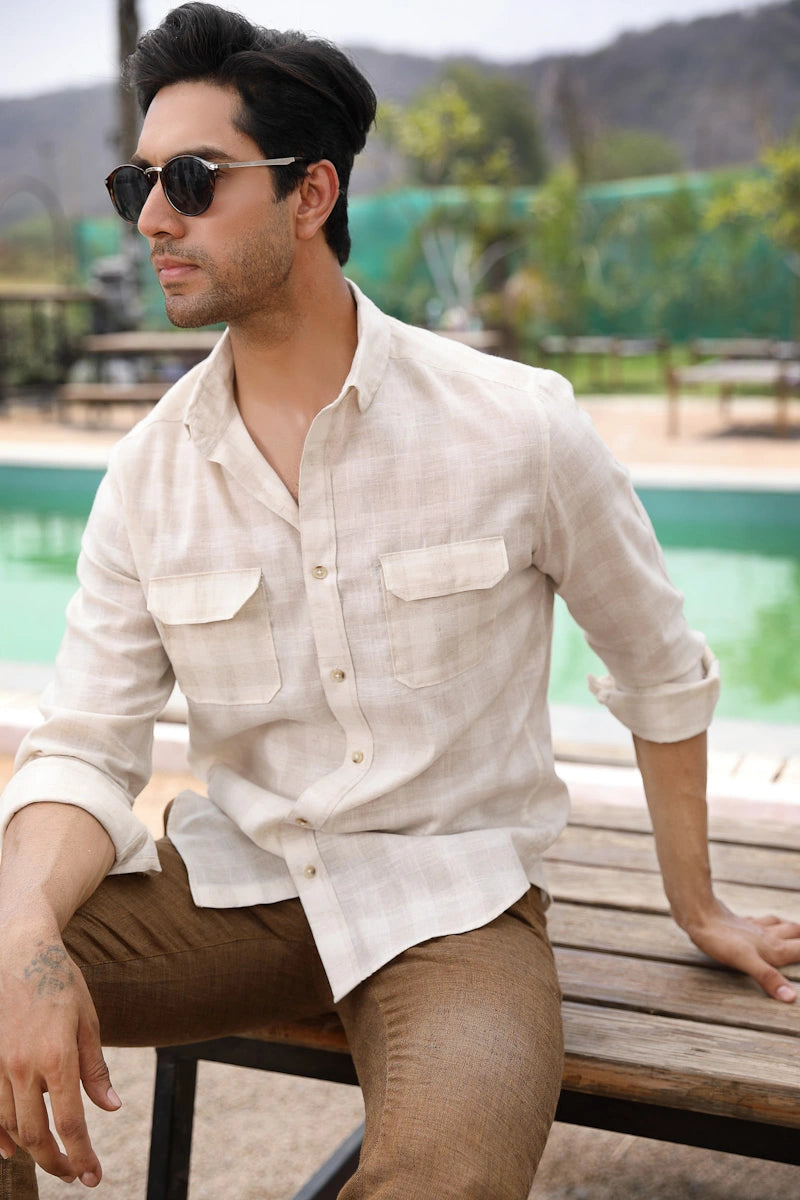 Light Khaki & Cream Checks Linen Cotton Shirt