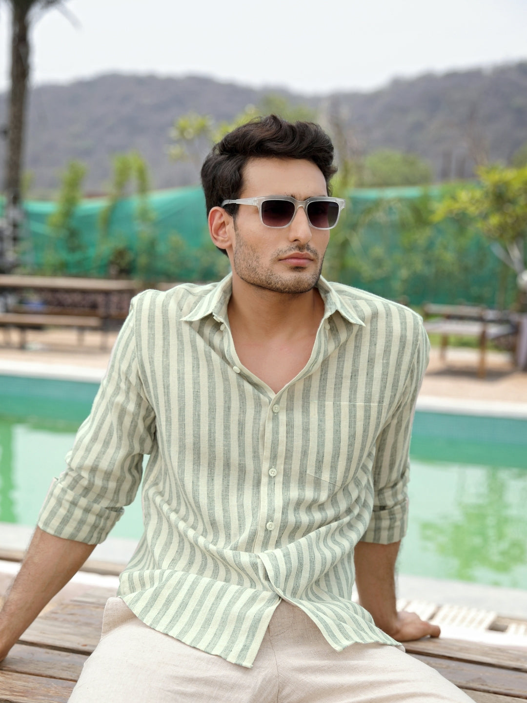 Sage Green Stripes Linen Cotton Shirt
