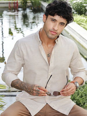 Beige Striped Slim Fit Linen Cotton Shirt