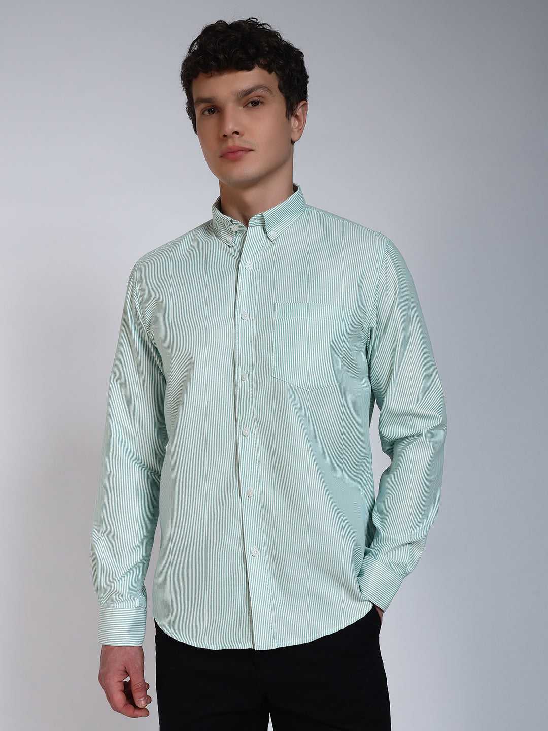 Aqua Green Striped Slim Fit Cotton Shirt