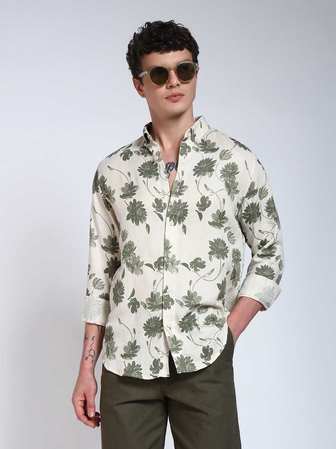 Cream & Green Printed Slim Fit Linen Cotton Cotton Shirt