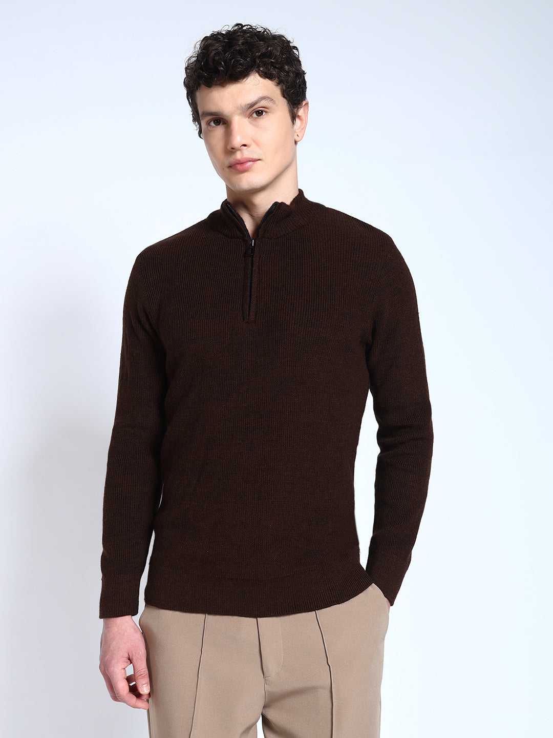 Brown Solid Ribbed Zip-Top Pullover-Sweater