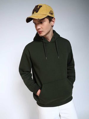 Olive Green Solid Regular Fit Hoodie Sweatshirt