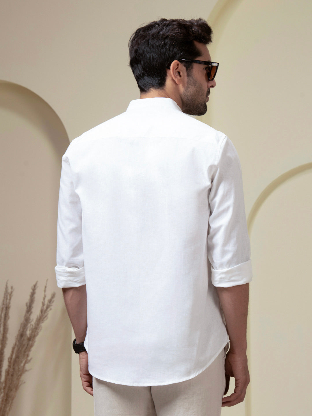 Crystal White Linen Blend Band Collar Shirt