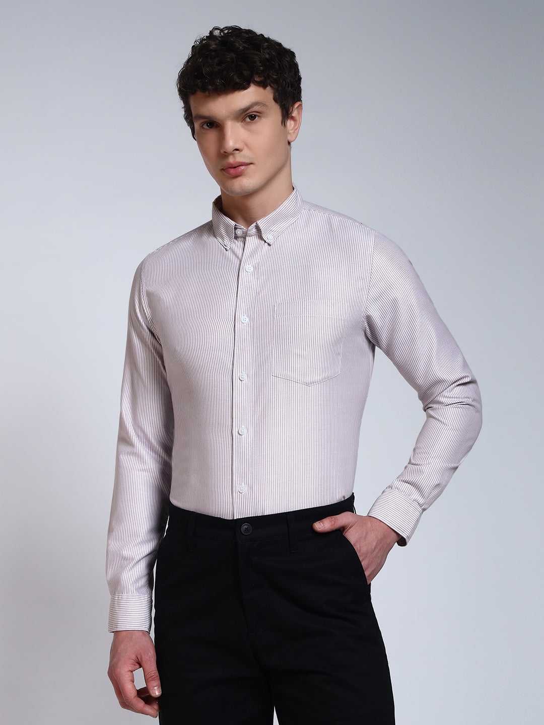 Brown Striped Slim Fit Cotton Shirt