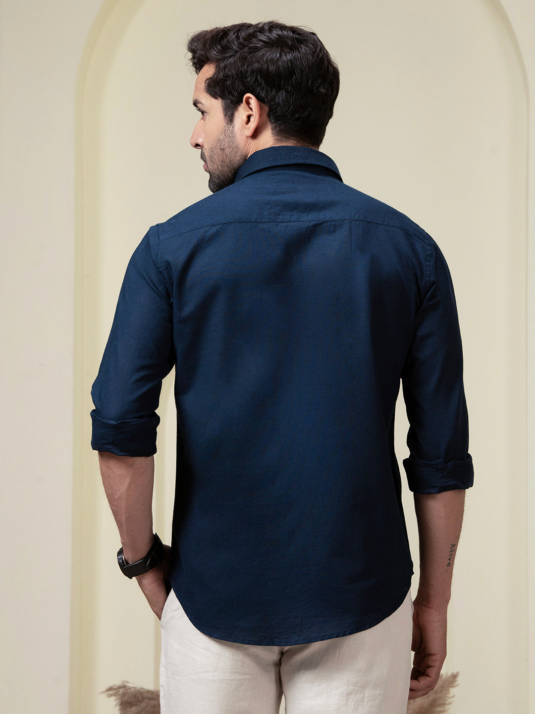 Navy Blue Linen Blend Shirt