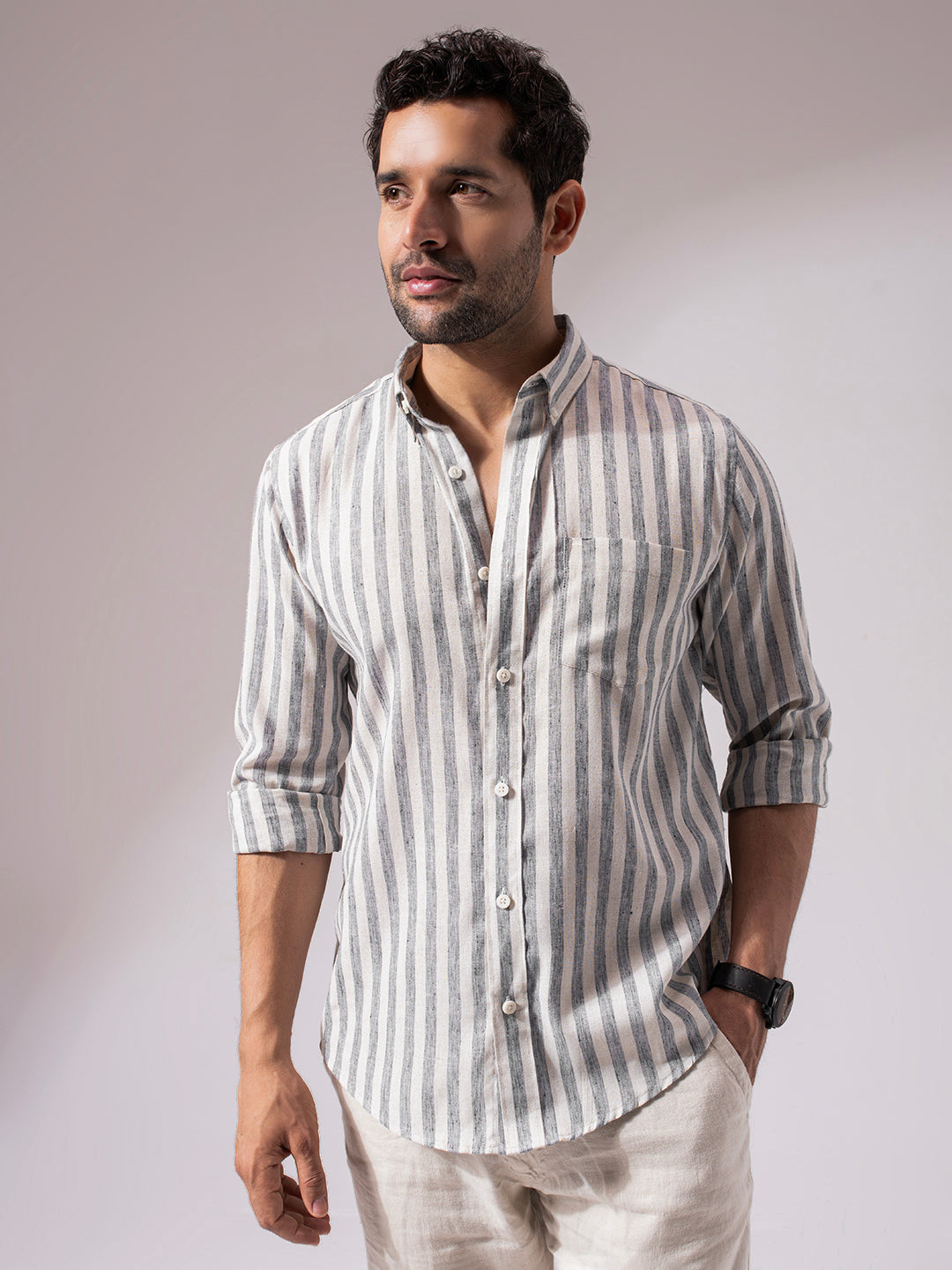 Black Stripes Linen Blend Shirt